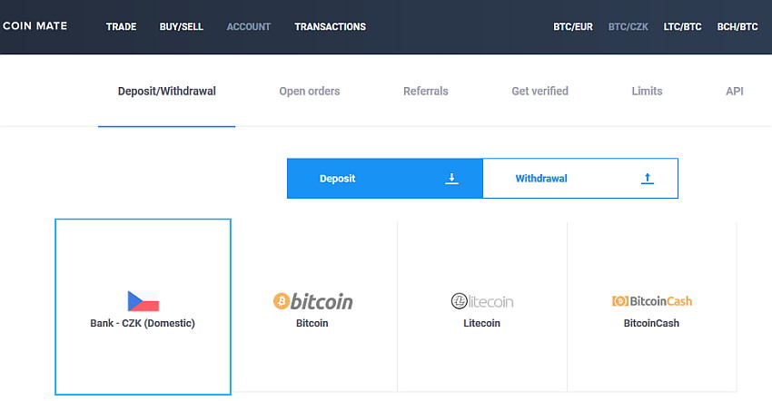 CoinMate vklad v CZK