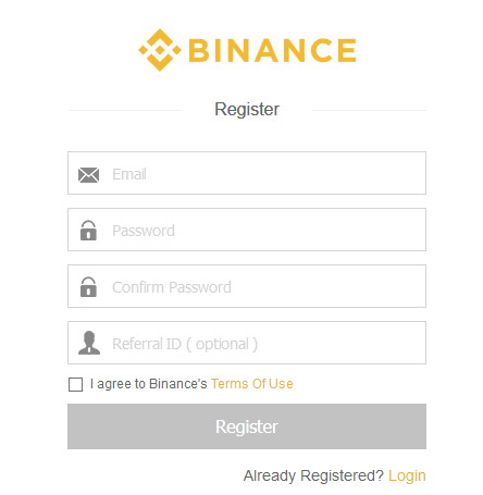 Binance registrační formulář