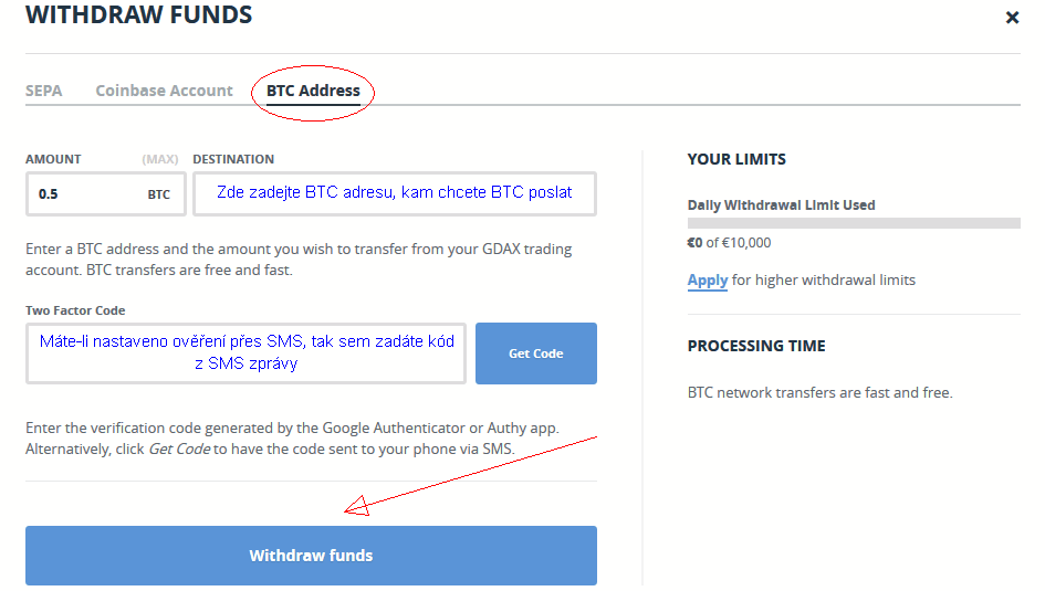 Gdax výběr BTC