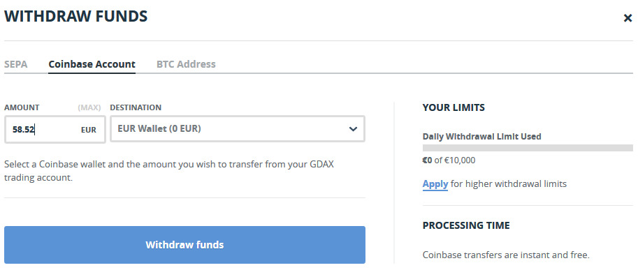 Gdax výběr na Coinbase