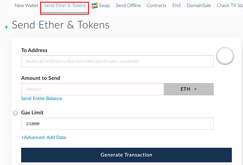 MyEtherWallet převod