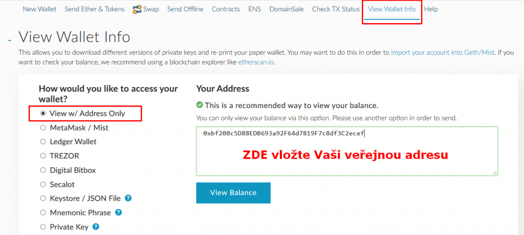 MyEtherWallet prohlídka peněženky