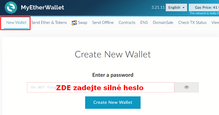 MyEtherWallet založení, heslo